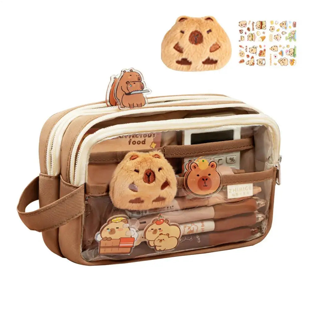 Clear Plastic Pencil Case With Cute Capybara Plush And Pins Multi-layers Pouch Large Capacity Aesthetic Pencil Pouch Stationary