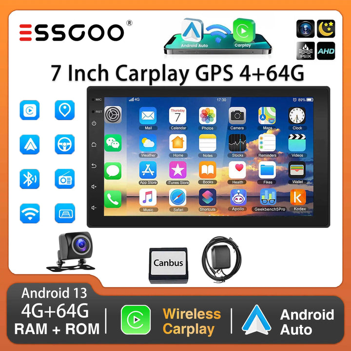 ESSGOO Car Stereo Radio Wireless CarPlay Android Auto 2 DIN 7" Car Stereo HD FM-Radio GPS Touch Screen Head Unit 4+64G DAB+AHD