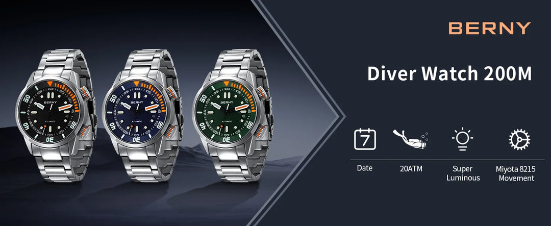 BERNY Automatic Dive Watch for Men Super Luminous Original Design 20ATM Diver Wristwatch Sapphire, Local Warehouse Fast Delivery
