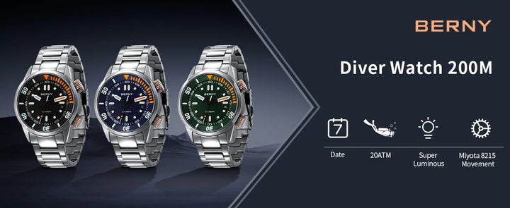 BERNY Automatic Dive Watch for Men Super Luminous Original Design 20ATM Diver Wristwatch Sapphire, Local Warehouse Fast Delivery