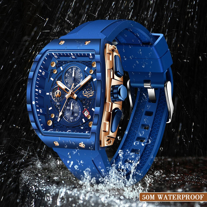 LIGE Outdoor Square Casual Sport Quartz Man Watch Top Brand Luxury Watches Fashion 50M Waterproof Auto Date Silicone Chronograph