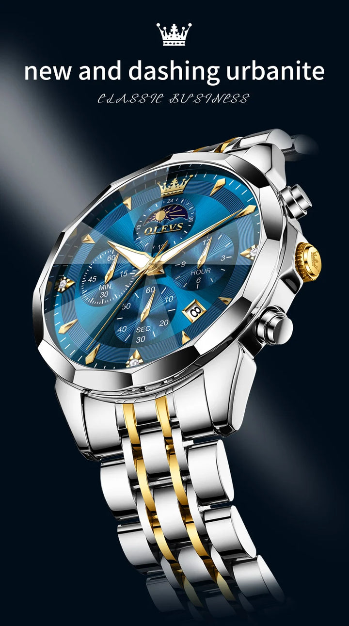 OLEVS 3673 Mens Watch Original Business Brand Quartz Watch Rhombus Mirror Waterproof Luminous Automatic Date Moon Phase Watch