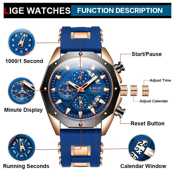 LIGE Brand Watch Men Silcone Sports Watches Men's Army Military Quartz Wristwatch Chronograph Male Clock Relogio Masculino+BOX