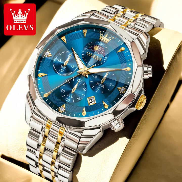 OLEVS 3673 Mens Watch Original Business Brand Quartz Watch Rhombus Mirror Waterproof Luminous Automatic Date Moon Phase Watch