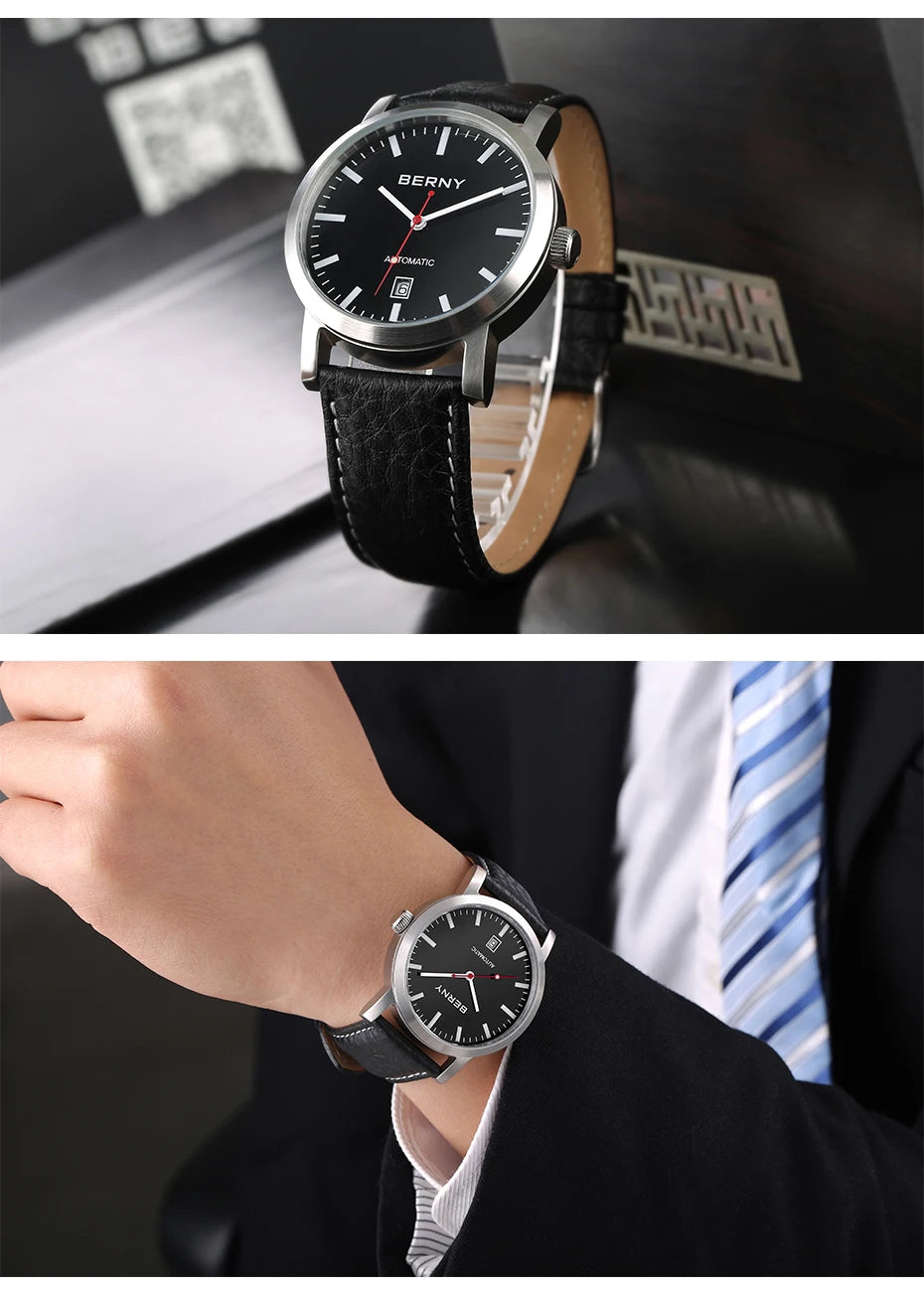 BERNY Watch for Men Mechanical Automatic Watches Seagull Luxury Brand Male Clock Water Resistant Swiss Railway Men's Wristwatch