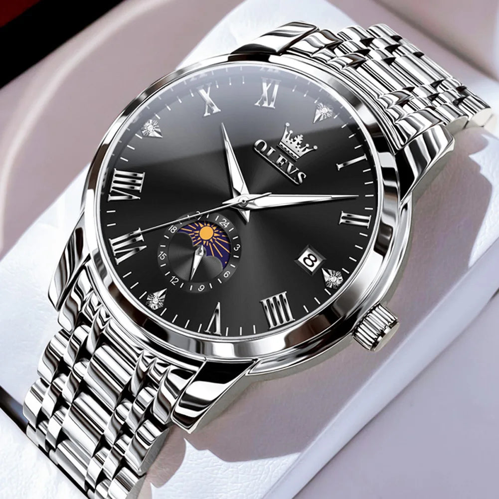 OLEVS Trend Fasahion Men's Watches Stainless Steel Original Quartz Watch for Man Waterproof Luminous Date Moon Phase Wristwatch