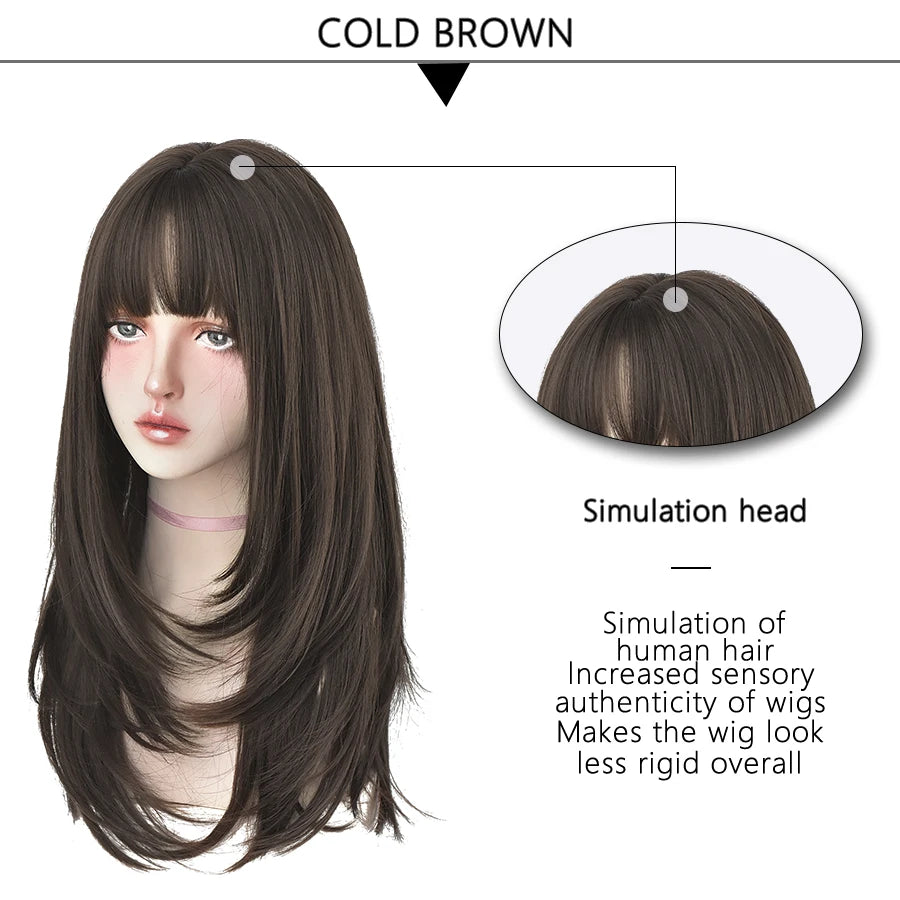 7JHHWIGS Long Wavy Synthetic Black Wigs For Women With Fringe Fashion Heat Resistant Mid-Length Daily Straight Light Brown Hair