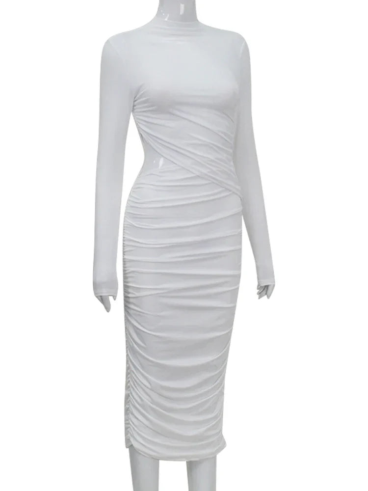 Ahagaga Fashion Sexy Club Hollow Out Dresses Women Regular Casual Solid O-neck Long Sleeve Slim Bodycon Elegant Vestidos Robes