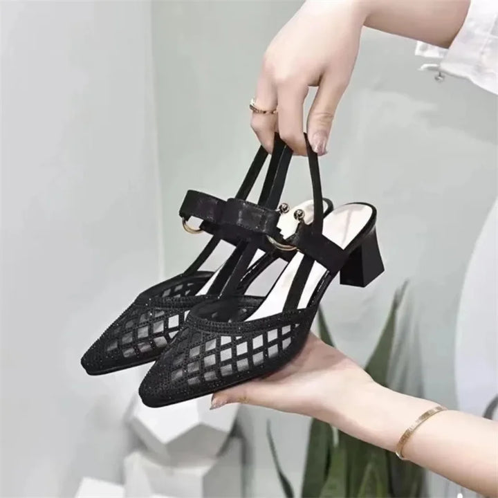sapatos femininas women fashion beige mesh breathable buckle strap square heel shoes lady classic black comfort heel pumps fa388