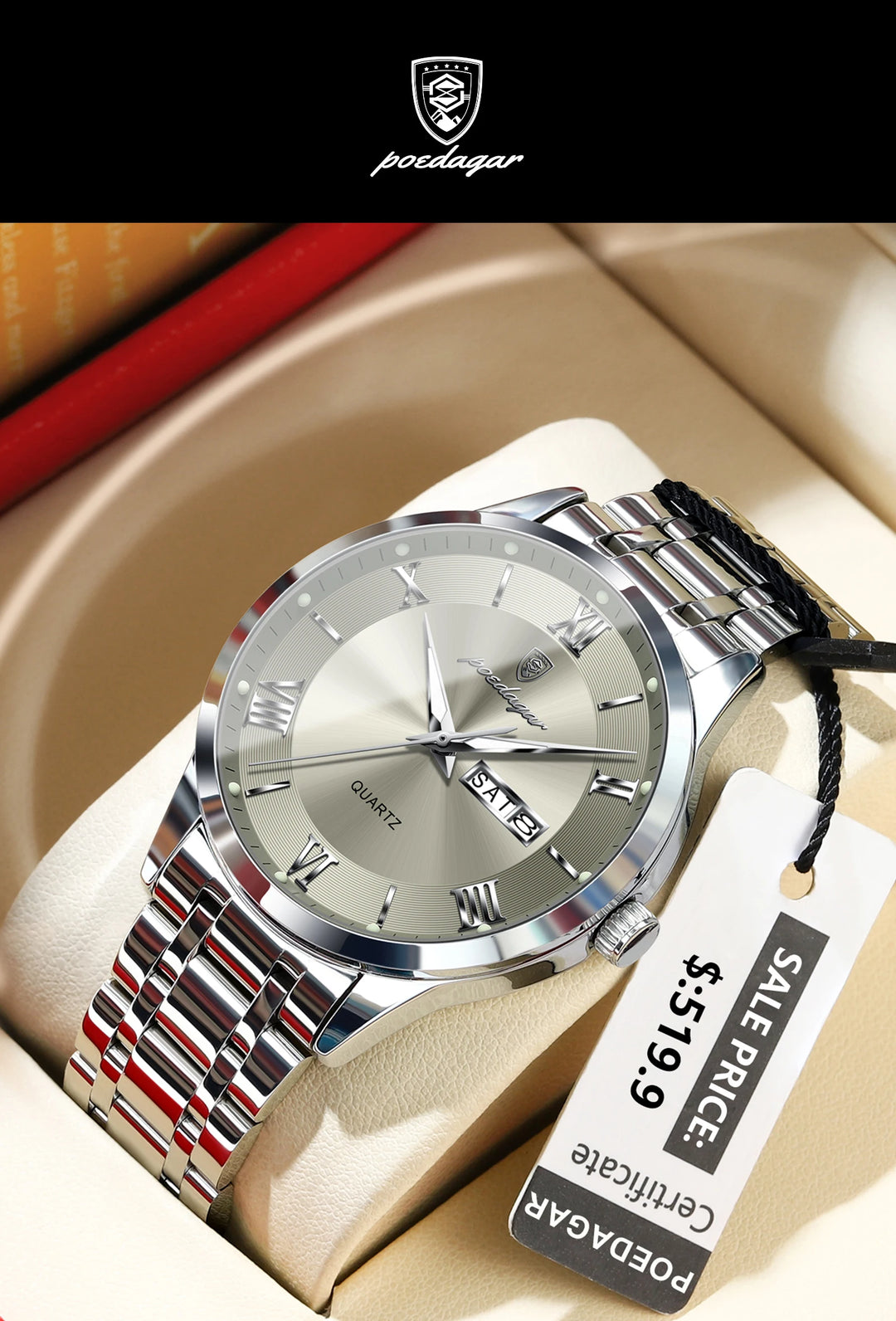 POEDAGAR Business Fashion Man Watch Waterproof Luminous Date Week Male Wristwatch Stainless Steel Quartz Men Watches Reloj +Box