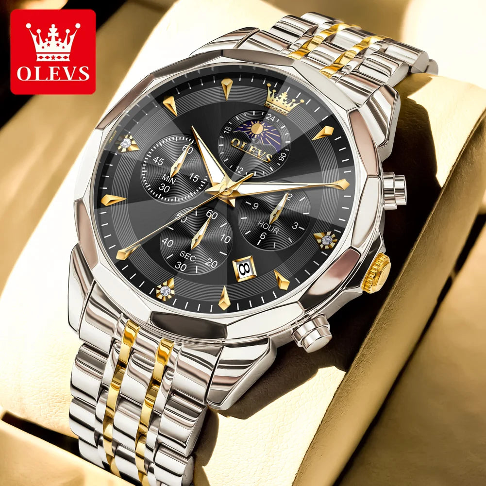 OLEVS 3673 Mens Watch Original Business Brand Quartz Watch Rhombus Mirror Waterproof Luminous Automatic Date Moon Phase Watch