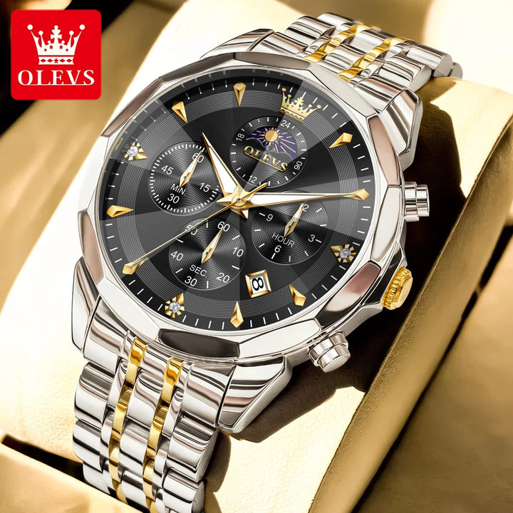 OLEVS 3673 Mens Watch Original Business Brand Quartz Watch Rhombus Mirror Waterproof Luminous Automatic Date Moon Phase Watch