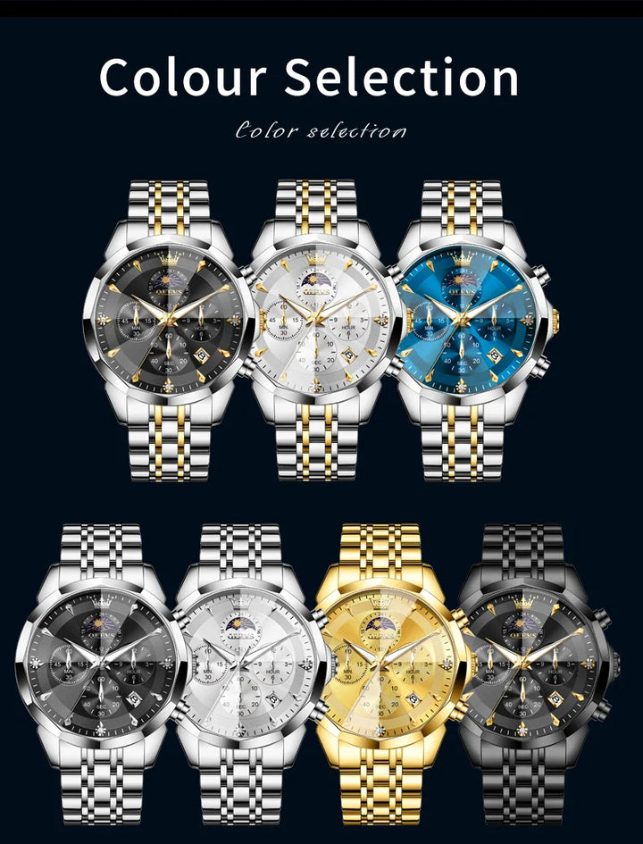 OLEVS 3673 Mens Watch Original Business Brand Quartz Watch Rhombus Mirror Waterproof Luminous Automatic Date Moon Phase Watch