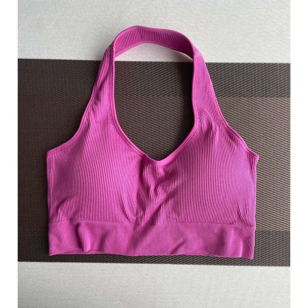 New Limitless Ribbed Seamless Halter Bra Spandex  Woman Fitness Elastic Breathable Breast Enhancement Leisure Sports Underwear