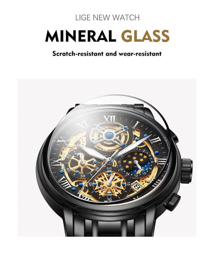 LIGE Luxury Fashion Men Watch Waterproof Luminous Date Man Wristwatch Stainless Steel Chronograph Quartz Men's Watches Reloj