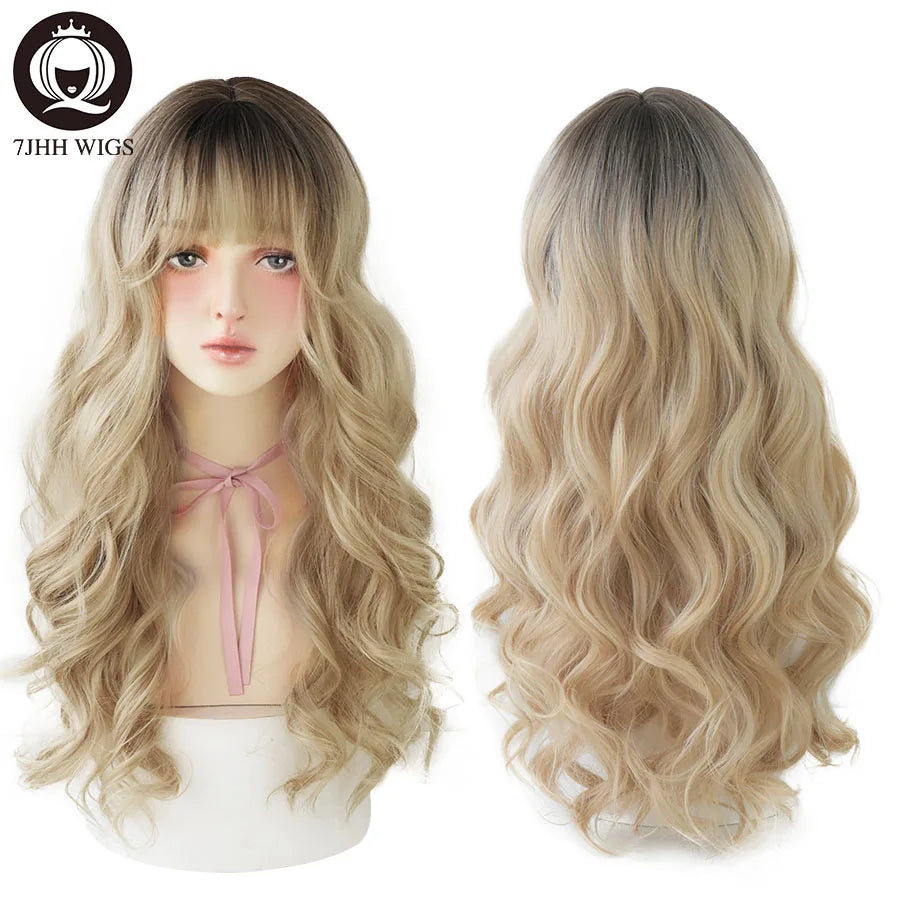 7JHHWIGS Long Wavy Synthetic Black Wigs For Women With Fringe Fashion Heat Resistant Mid-Length Daily Straight Light Brown Hair