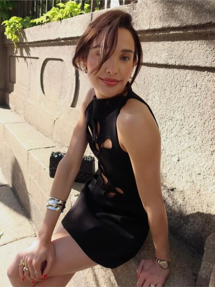 Hollow Out Sleeveless Dress Women Sexy Temperament Waist Cinching Slimming Elastic Summer Round Neck Hip Hugging Short Dress