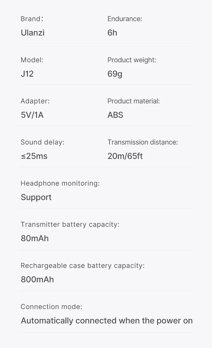 Ulanzi J12 Wireless Lavalier Microphone System Audio Video Recording Microphone Mini Mic for iPhone Android Live Broadcast