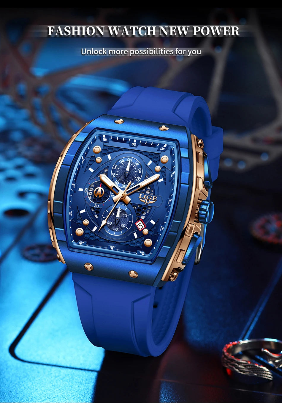 LIGE Outdoor Square Casual Sport Quartz Man Watch Top Brand Luxury Watches Fashion 50M Waterproof Auto Date Silicone Chronograph