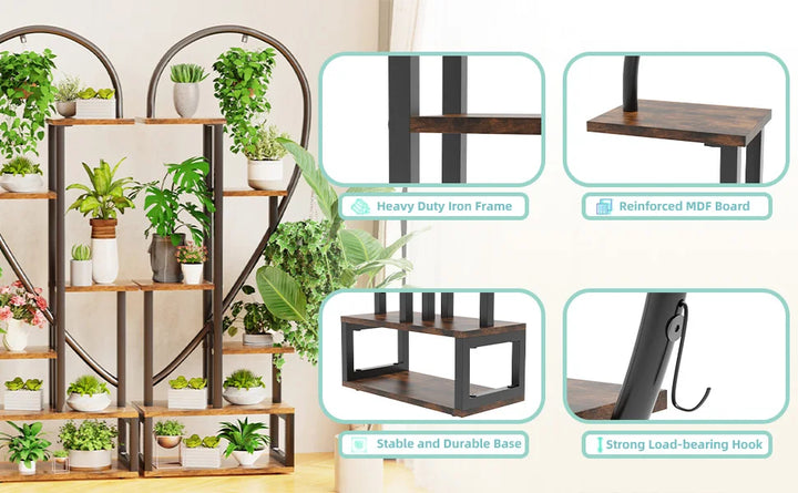 6 Tier Wood and Metal Plant Flower Rack Stand Storage Display Shelf  Heart Shaped for Garden Balcony Living Room