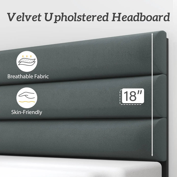 Queen Size Bed Frame, Velvet Padded Headboard, Metal Support, Easy To Assemble, Storage Space, No Spring Box Required