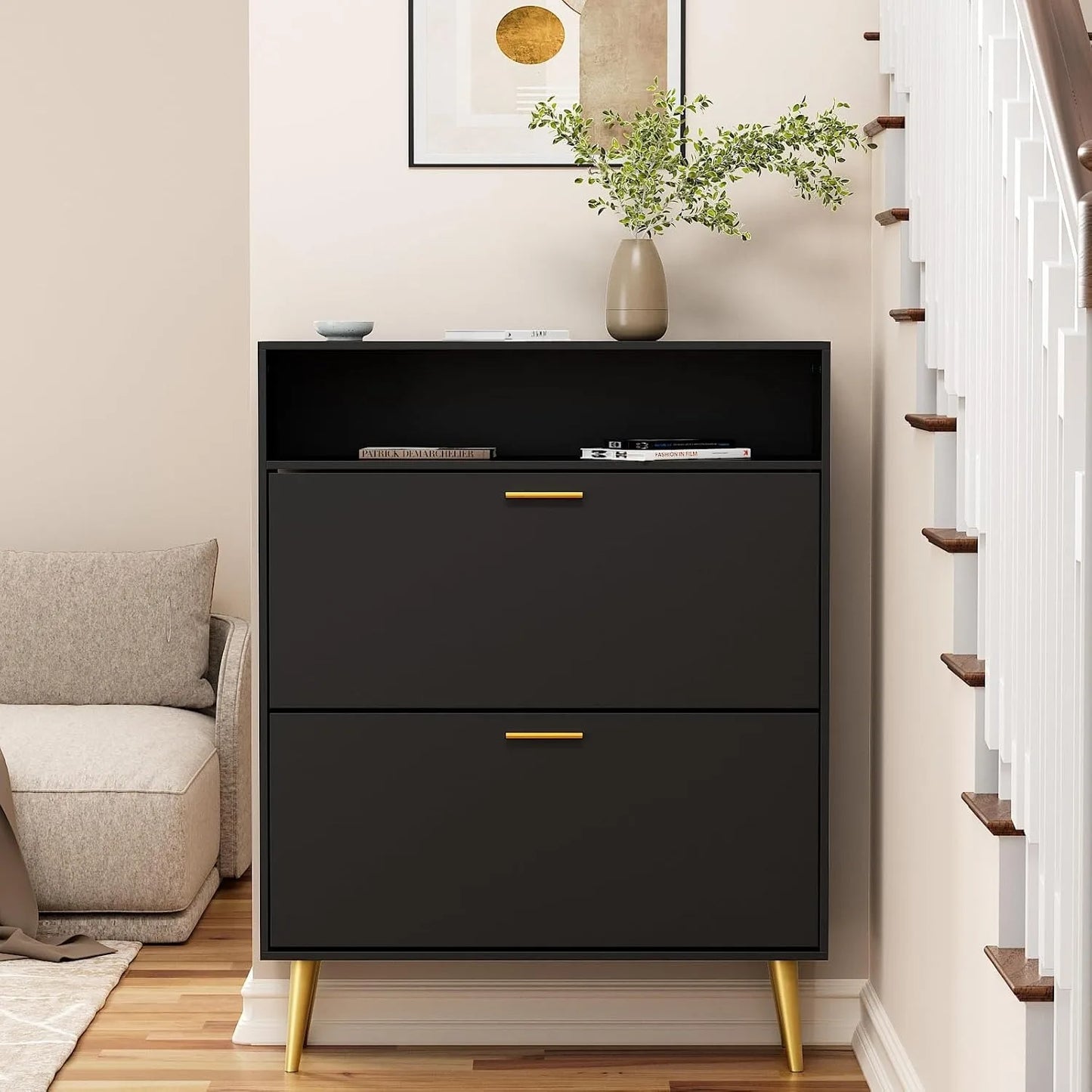 Slim Shoe Cabinet with 2 Flip Drawers
