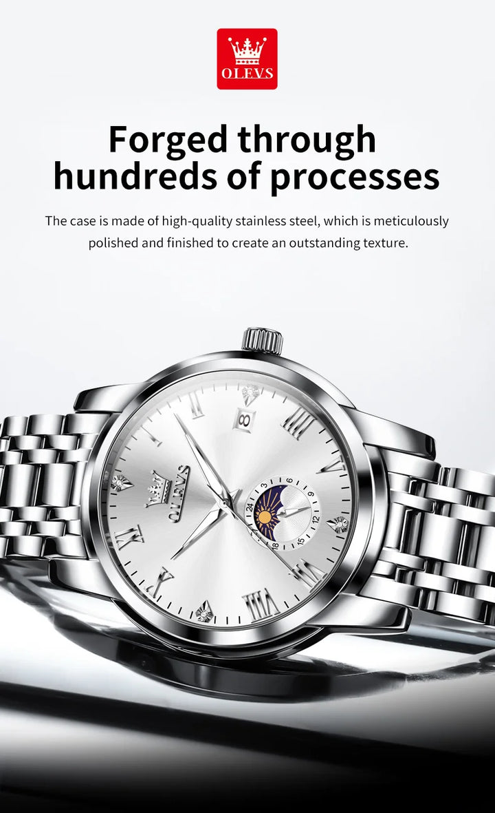 OLEVS Top Brand Men's Watches Fashion Original Quartz Watch for Man Waterproof Stainless Steel Luminous Wristwatch Moon Phase