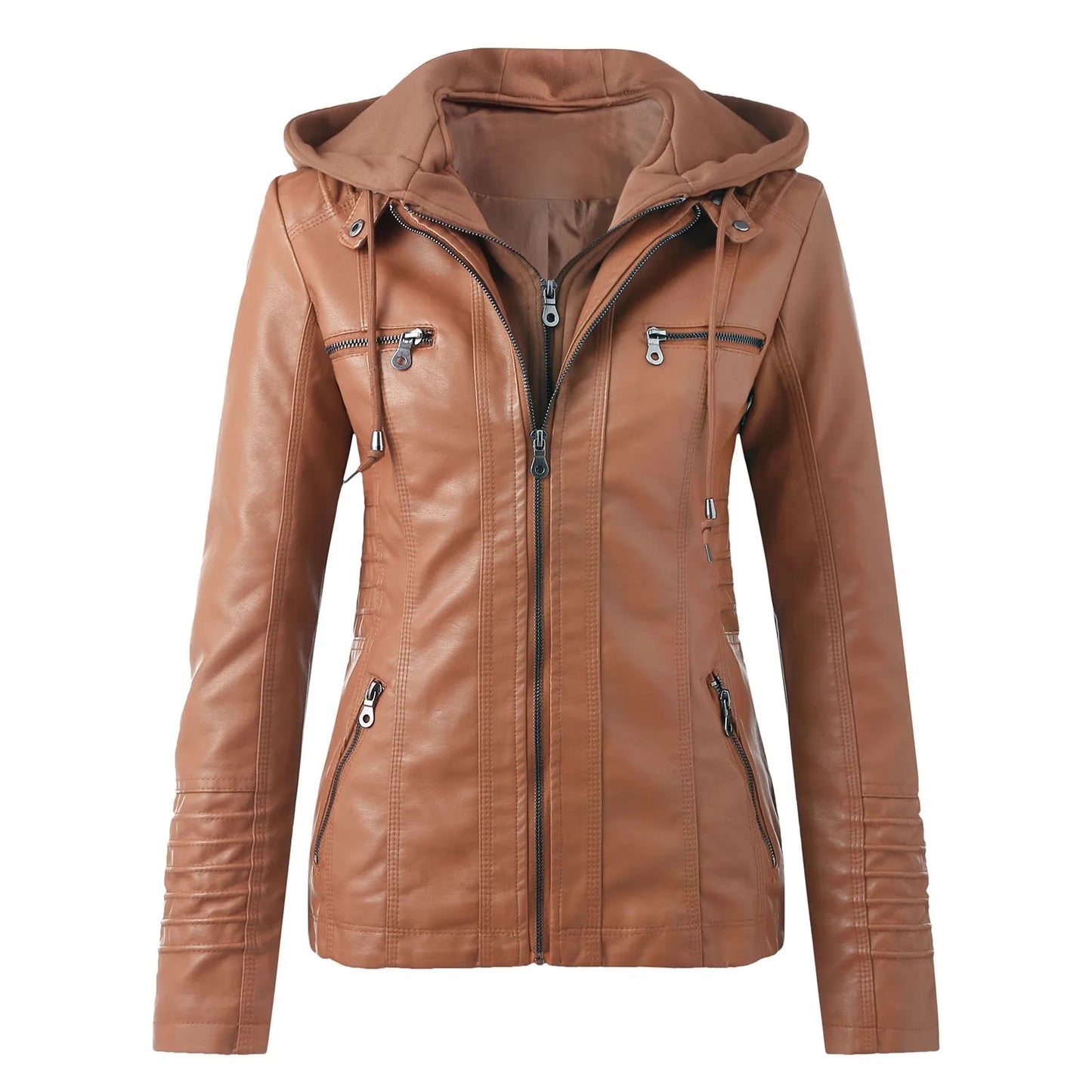 Leather Jacket Women Hooded Faux Pu Leather Motorcycle Jacket Zipper Long Sleeve Autumn Winter Outwear Coats Jaqueta Feminina