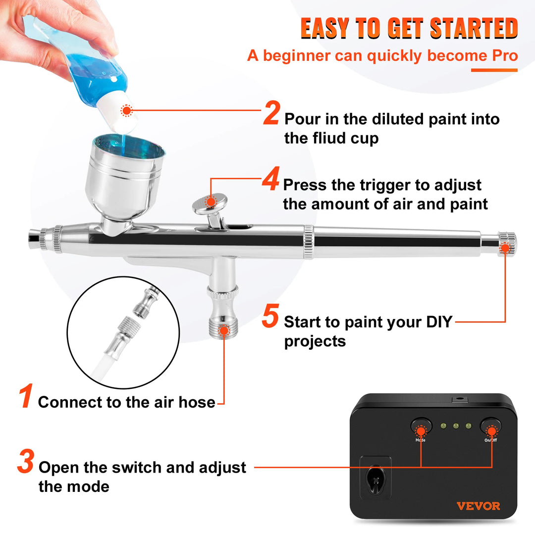 VEVOR Dual-Action Airbrush Kit Multifunctional Airbrush System Compressor 0.3mm Spray Gun for Cake Painting Nail Makeup Model