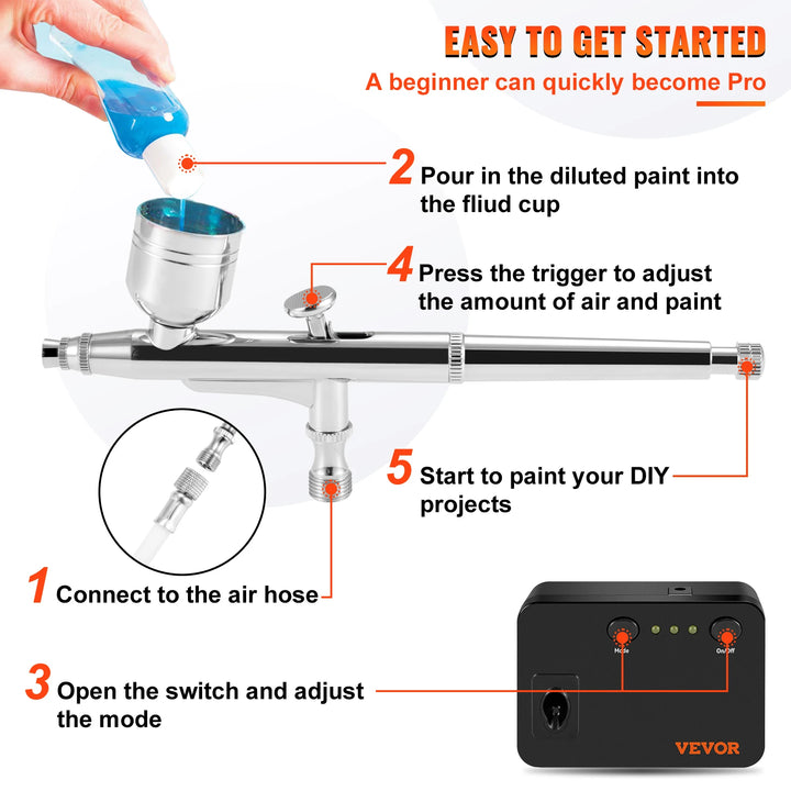 VEVOR Dual-Action Airbrush Kit Multifunctional Airbrush System Compressor 0.3mm Spray Gun for Cake Painting Nail Makeup Model