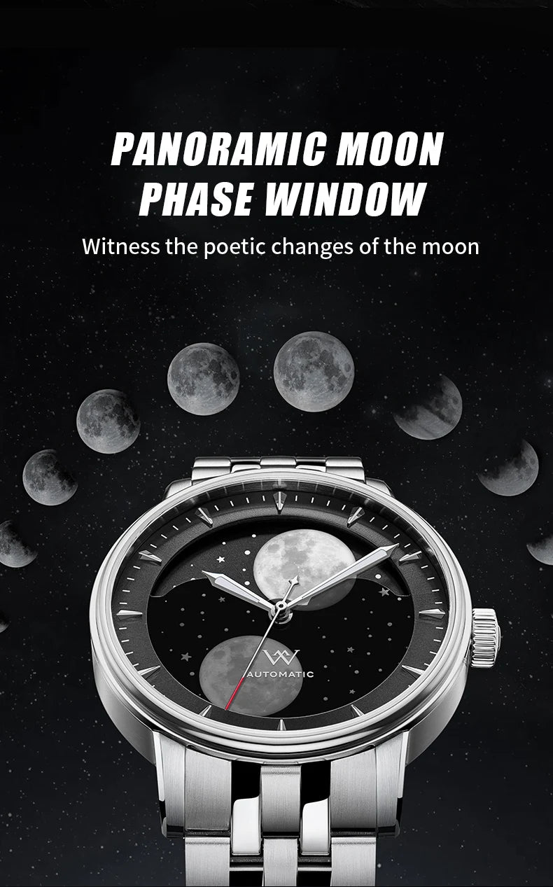 WM Watch Welly Merck Automatic Mechanical Watches Men Lunar Moon Phase Sapphire Waterproof Man Luminous Twin Moons Watch WM142