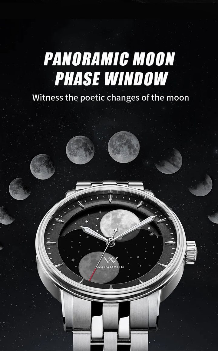 WM Watch Welly Merck Automatic Mechanical Watches Men Lunar Moon Phase Sapphire Waterproof Man Luminous Twin Moons Watch WM142