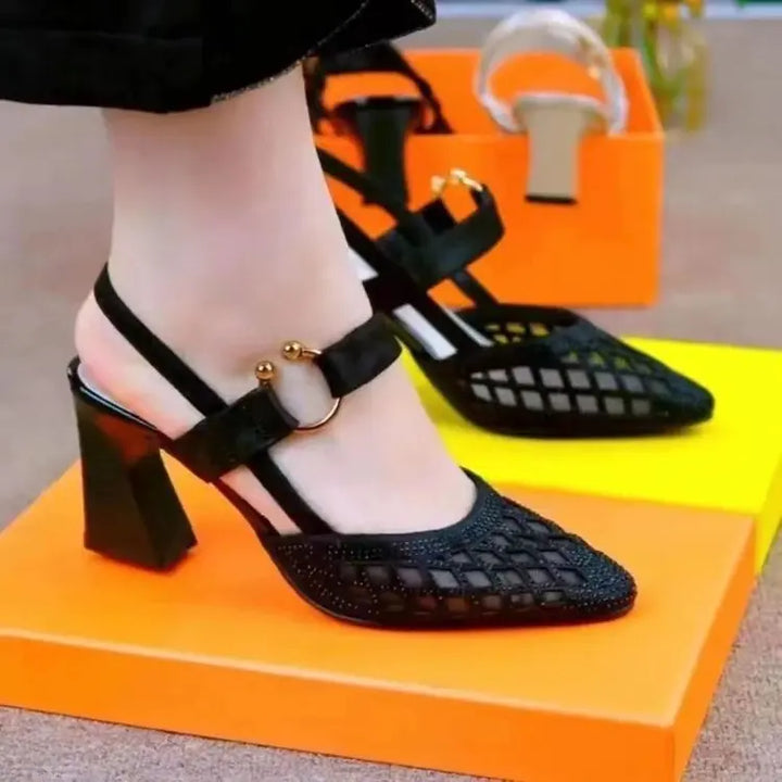 2024 Women's Summer Baotou High Heel One line Buckle Thick Heel Hollow Sandals  35--40
