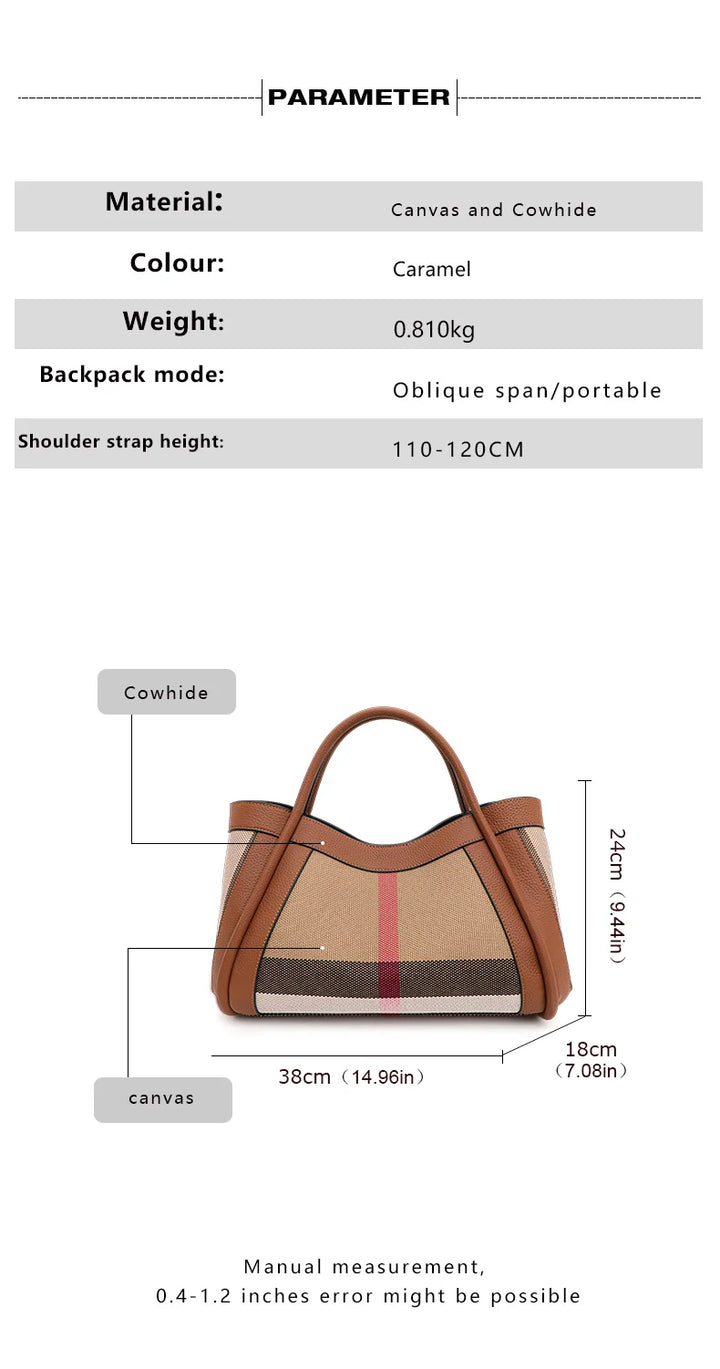 Aidrani  2025 New retro checkered women's handbag, large capacity luxury bag, canvas genuine leather bag