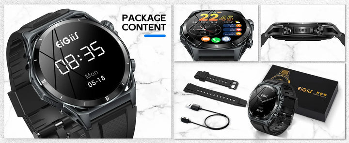 EIGIIS New Smart Watch KE6 1.43" AMOLED Display Men Black Sports Watch KE Series Bluetooth Call Health Monitor IP68 Waterproof