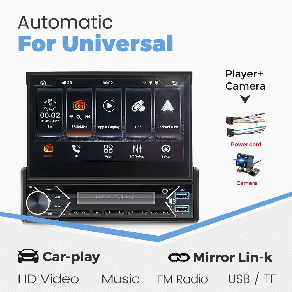 Universal 7" 1din Retractable Screen Car Radio Android Auto Carplay Multimedia Video Player Intelligent Vehicle System BT FM USB
