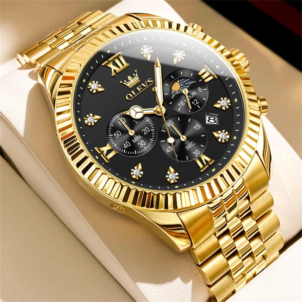 OLEVS Men's Watches Luxury Gold Original Quartz Watch for Man Waterproof Classic Commemorative Strap Moon Phase Chronograpgh