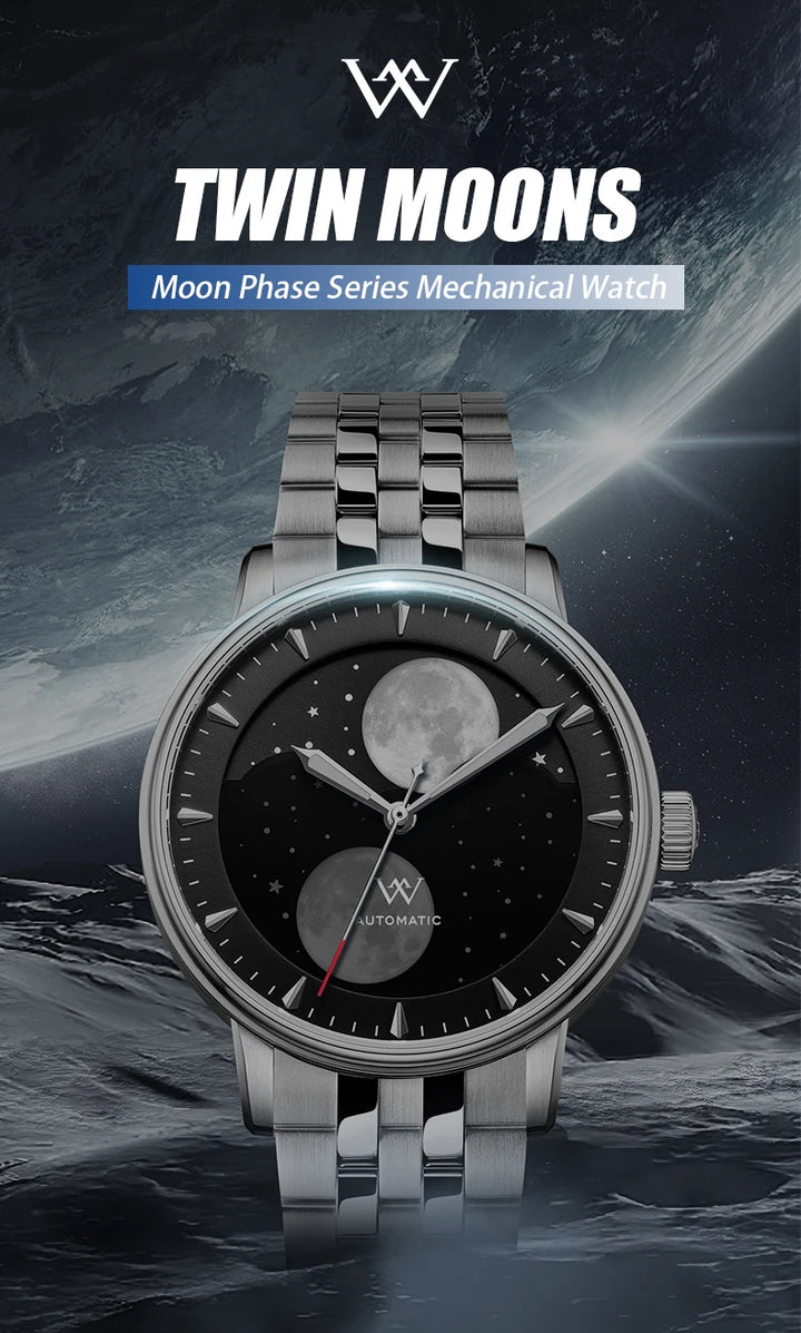 WM Watch Welly Merck Automatic Mechanical Watches Men Lunar Moon Phase Sapphire Waterproof Man Luminous Twin Moons Watch WM142
