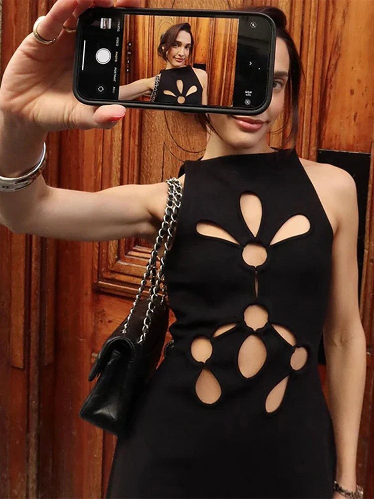 Hollow Out Sleeveless Dress Women Sexy Temperament Waist Cinching Slimming Elastic Summer Round Neck Hip Hugging Short Dress
