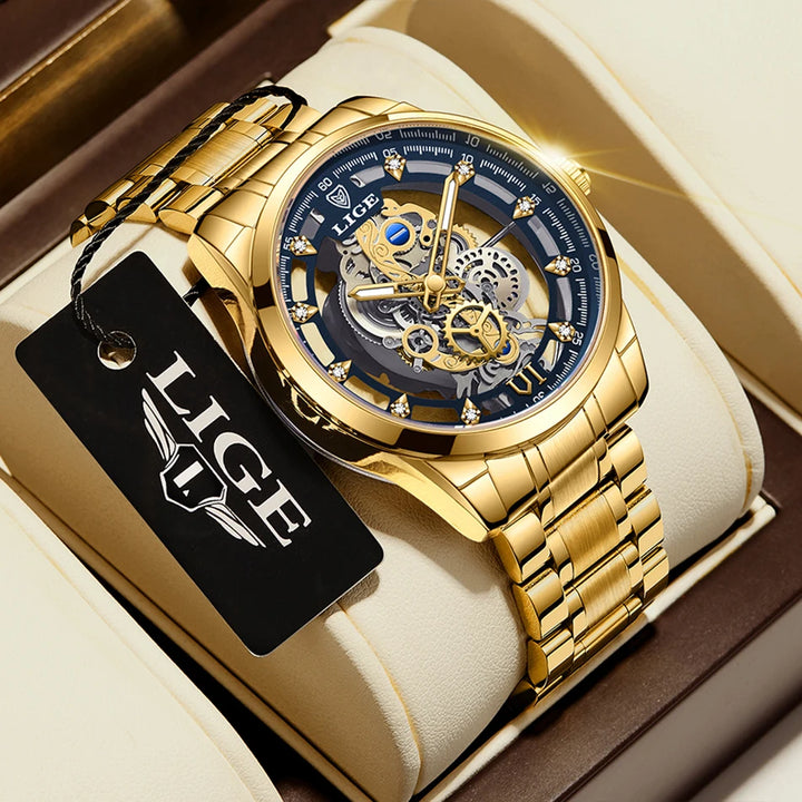LIGE New Fashion Mens Watches Top Brand Luxury Hollow Watch Men Military Sports Waterproof Quartz Watch For Men Montre Homme+BOX