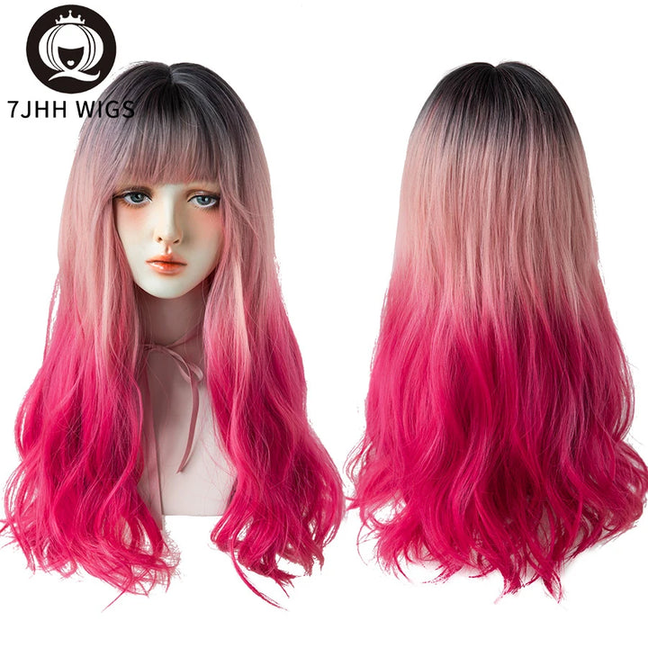7JHHWIGS Long Wavy Synthetic Black Wigs For Women With Fringe Fashion Heat Resistant Mid-Length Daily Straight Light Brown Hair