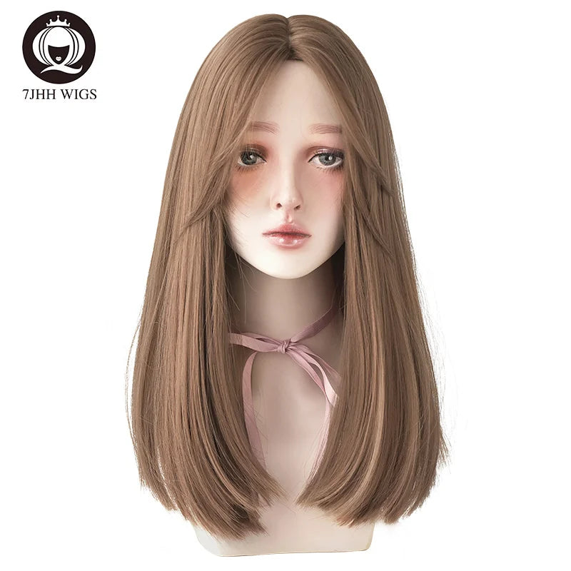 7JHHWIGS Long Wavy Synthetic Black Wigs For Women With Fringe Fashion Heat Resistant Mid-Length Daily Straight Light Brown Hair