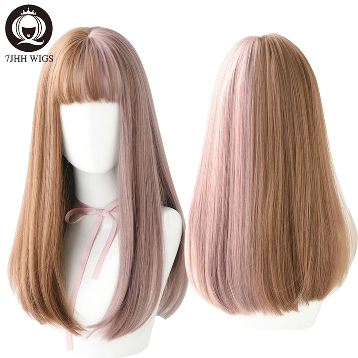 7JHHWIGS Long Wavy Synthetic Black Wigs For Women With Fringe Fashion Heat Resistant Mid-Length Daily Straight Light Brown Hair
