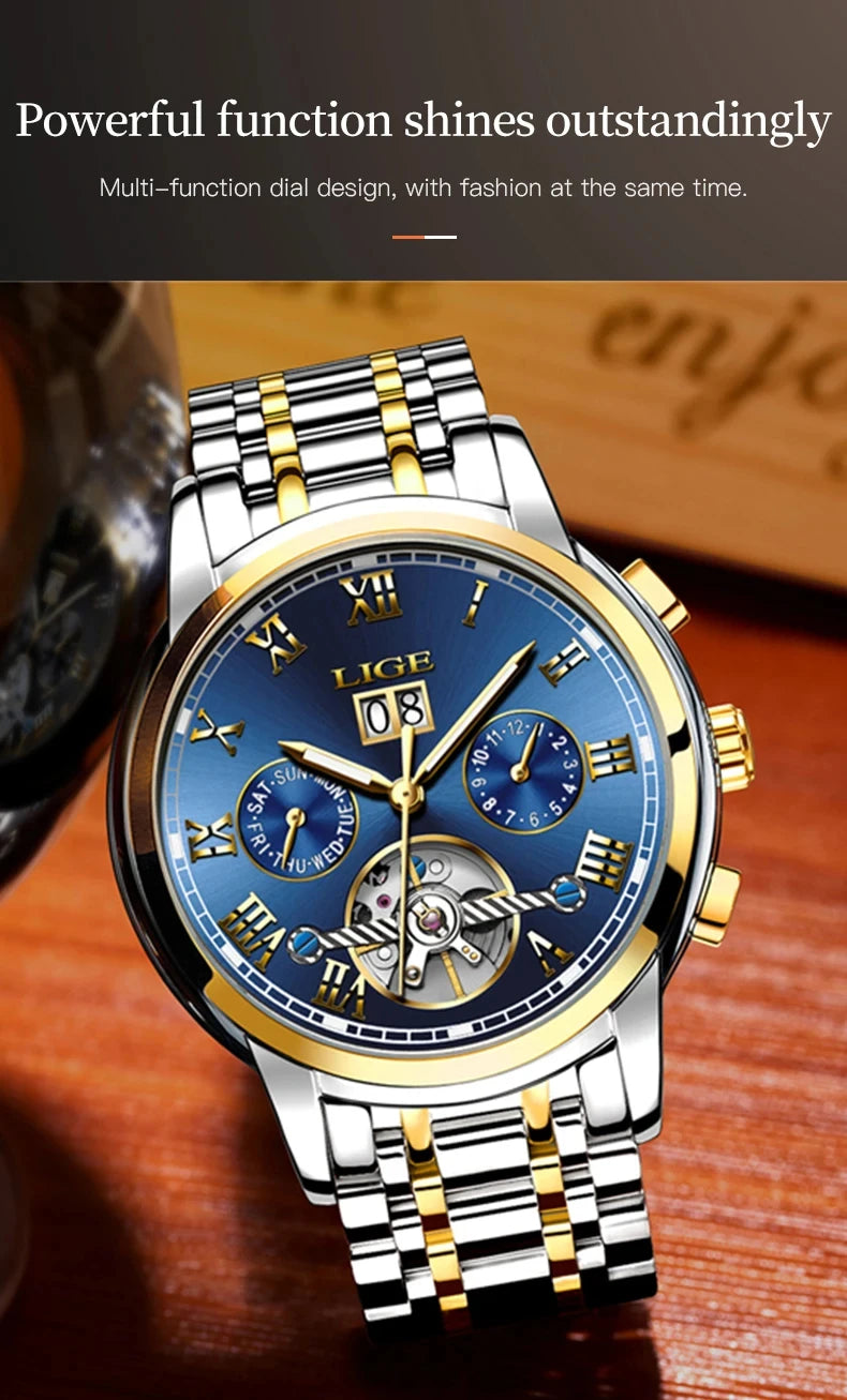 LIGE Fashion Men's Mechanical WristWatches Business Waterproof Tourbillon Watch Men Top Brand Luxury Automatic Watches For Men