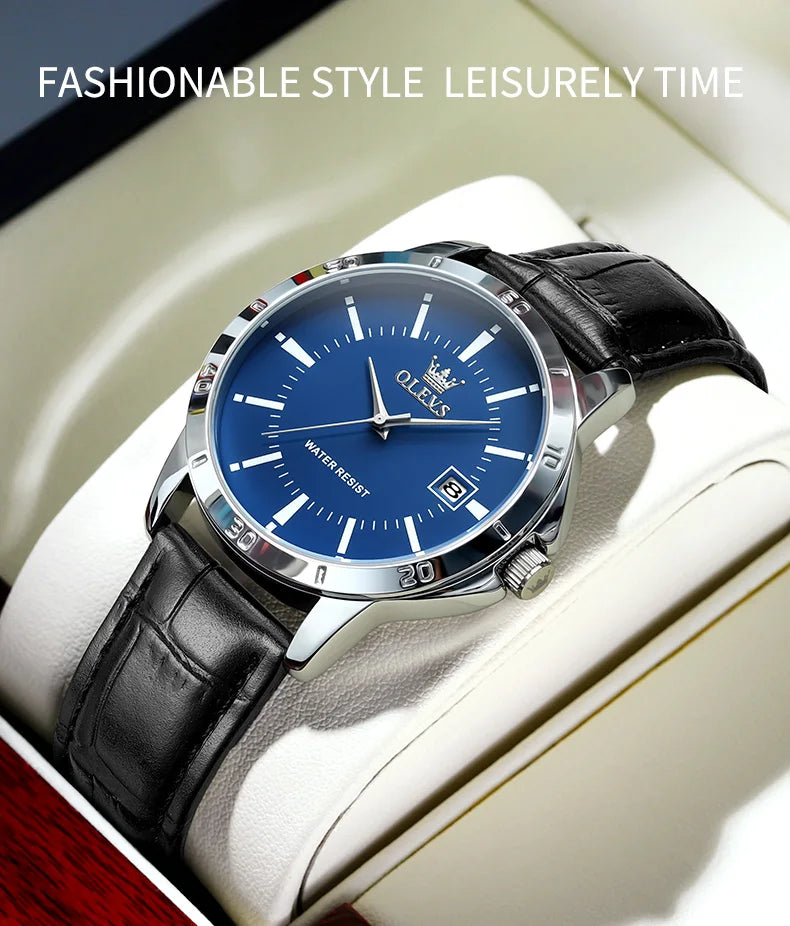 OLEVS TY716 Mens Watch Original Fashion Quartz Watch For Men Waterproof Leather Strap Calendar Daily Automatic Date Mens Gifts