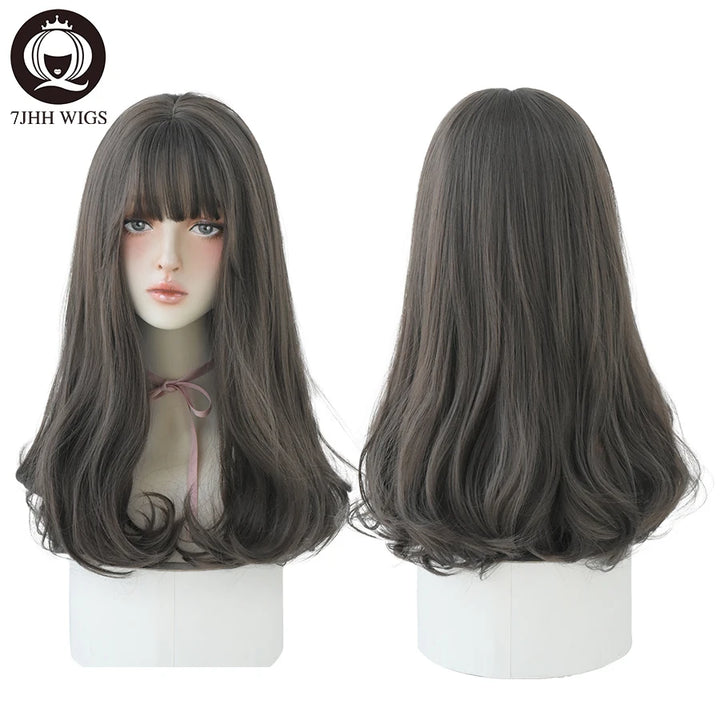 7JHHWIGS Long Wavy Synthetic Black Wigs For Women With Fringe Fashion Heat Resistant Mid-Length Daily Straight Light Brown Hair