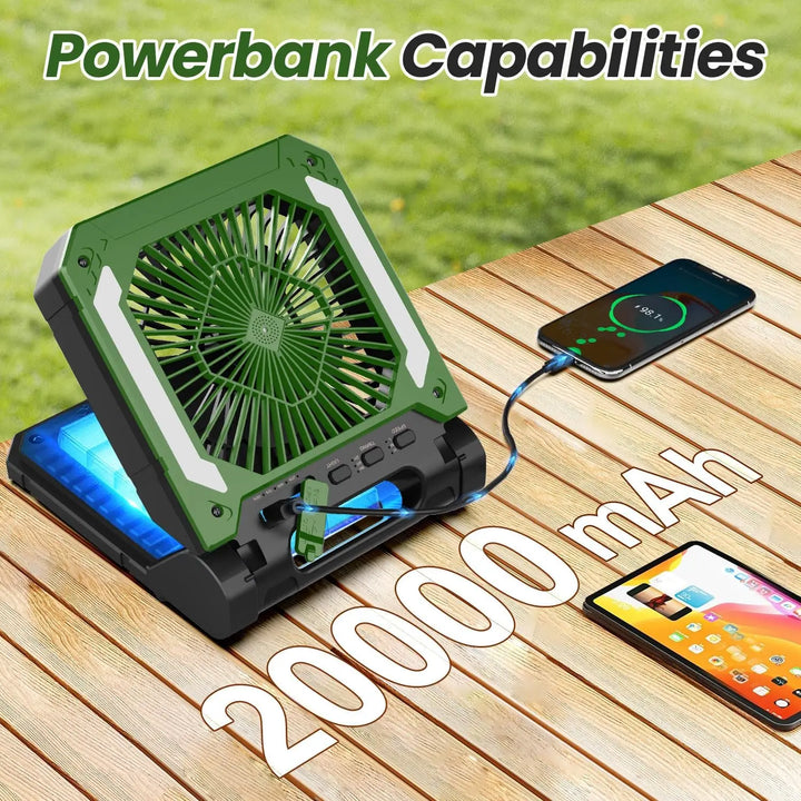 20000mAh Portable Electric Fan With Led Light Tent Car Camping Hook&USB&Solar Charging For Hiking Fishing Picnic Emergency