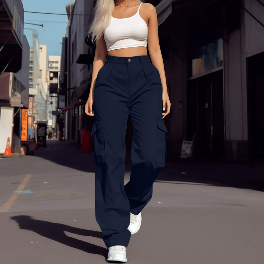 Womens Cargo Pants High Waist Streetwear Multi Pocket Y2k Parachute Pants Button Solid Color Wide Leg Trousers