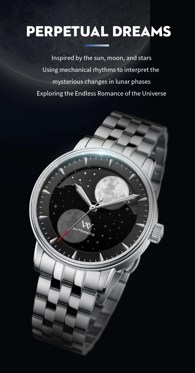 WM Watch Welly Merck Automatic Mechanical Watches Men Lunar Moon Phase Sapphire Waterproof Man Luminous Twin Moons Watch WM142