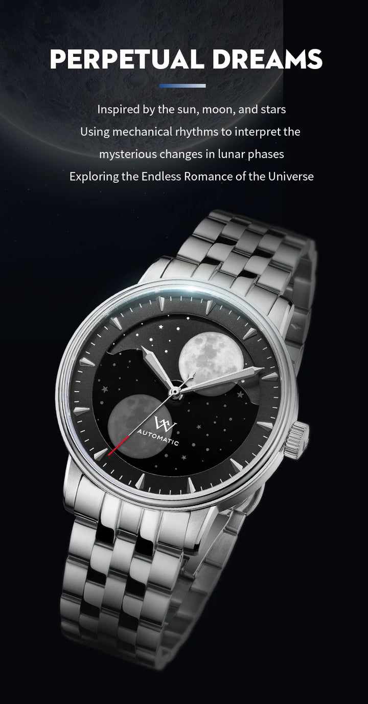 WM Watch Welly Merck Automatic Mechanical Watches Men Lunar Moon Phase Sapphire Waterproof Man Luminous Twin Moons Watch WM142